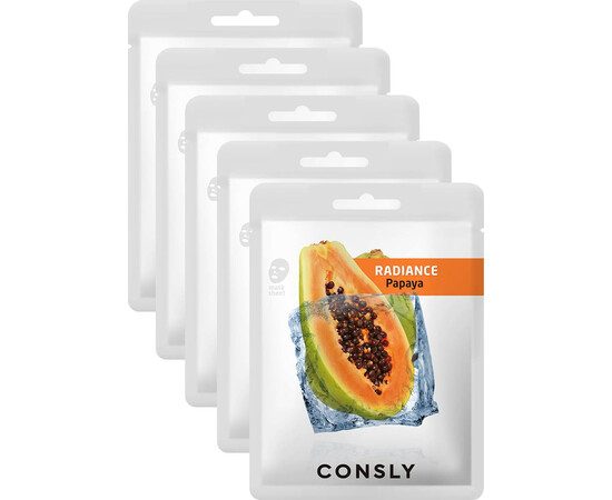 CONSLY Papaya Radiance Mask Pack - Выравнивающая тон кожи тканевая маска с экстрактом папайи, 5 шт