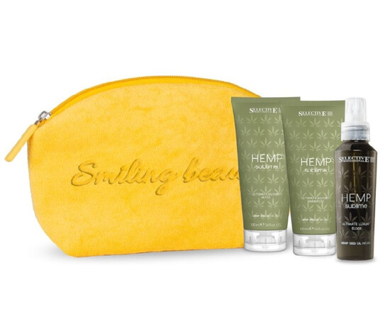Selective Hemp Sublime - Набор подарочный  в яркой косметичке: шампунь, маска для увлажнения волос, восстанавливающий элексир